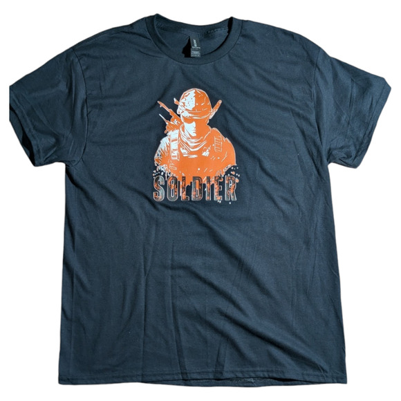 Soldier - Orange/White Graphic - Black Tee Shirt - Size L - All Genders - NWOT - Picture 1 of 7